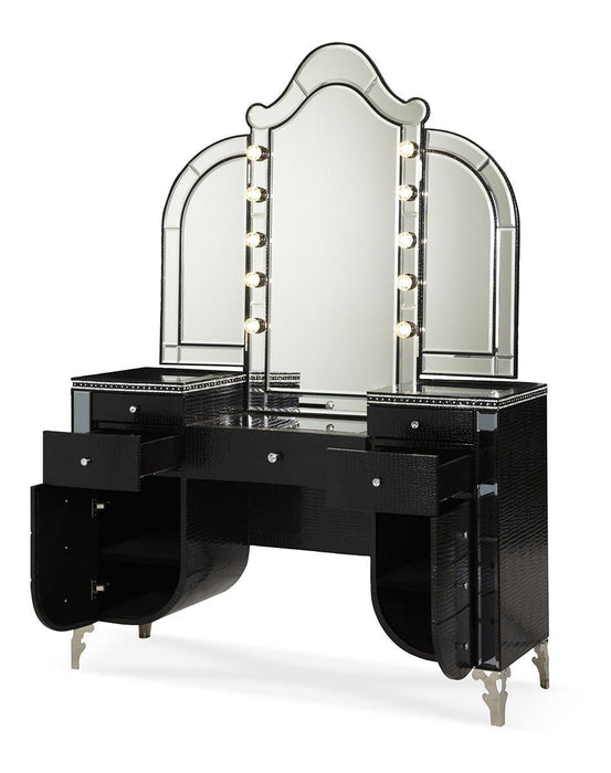 Hollywood Swank Upholstered Vanity in Black Iguana