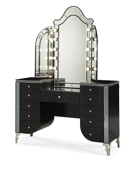 Hollywood Swank Upholstered Vanity in Black Iguana