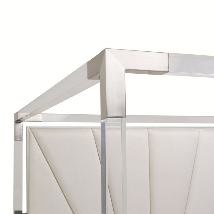 AICO Penthouse/Lanterna King Canopy Channel Tufted Upholstered Bed in Silver Mist