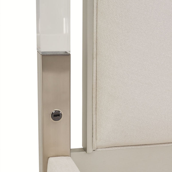 AICO Penthouse/Lanterna King Canopy Channel Tufted Upholstered Bed in Silver Mist